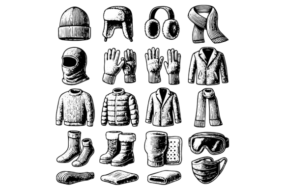 Winter Clothing Icons Hand Drawn